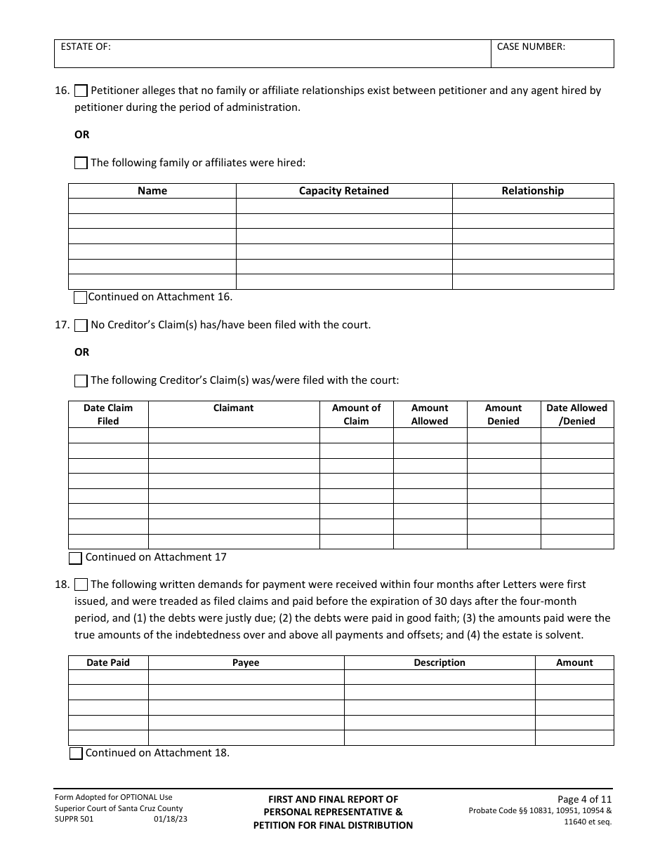 Form SUPPR501 Petition for First and Final Report of Personal Representative - Santa Cruz County, California, Page 4
