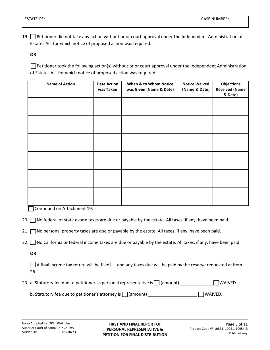Form SUPPR501 Petition for First and Final Report of Personal Representative - Santa Cruz County, California, Page 5