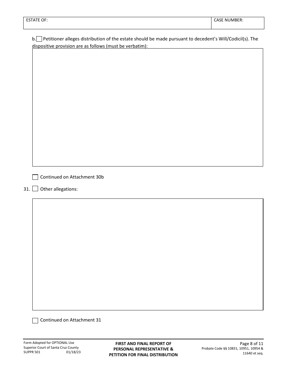 Form SUPPR501 Petition for First and Final Report of Personal Representative - Santa Cruz County, California, Page 8