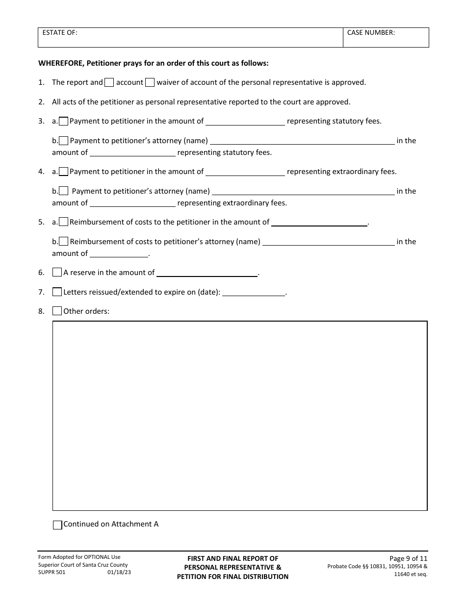 Form SUPPR501 Petition for First and Final Report of Personal Representative - Santa Cruz County, California, Page 9