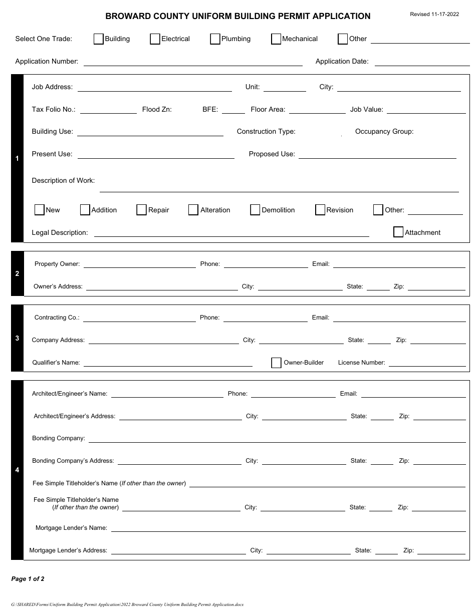 Uniform Building Permit Application - Broward County, Florida, Page 1