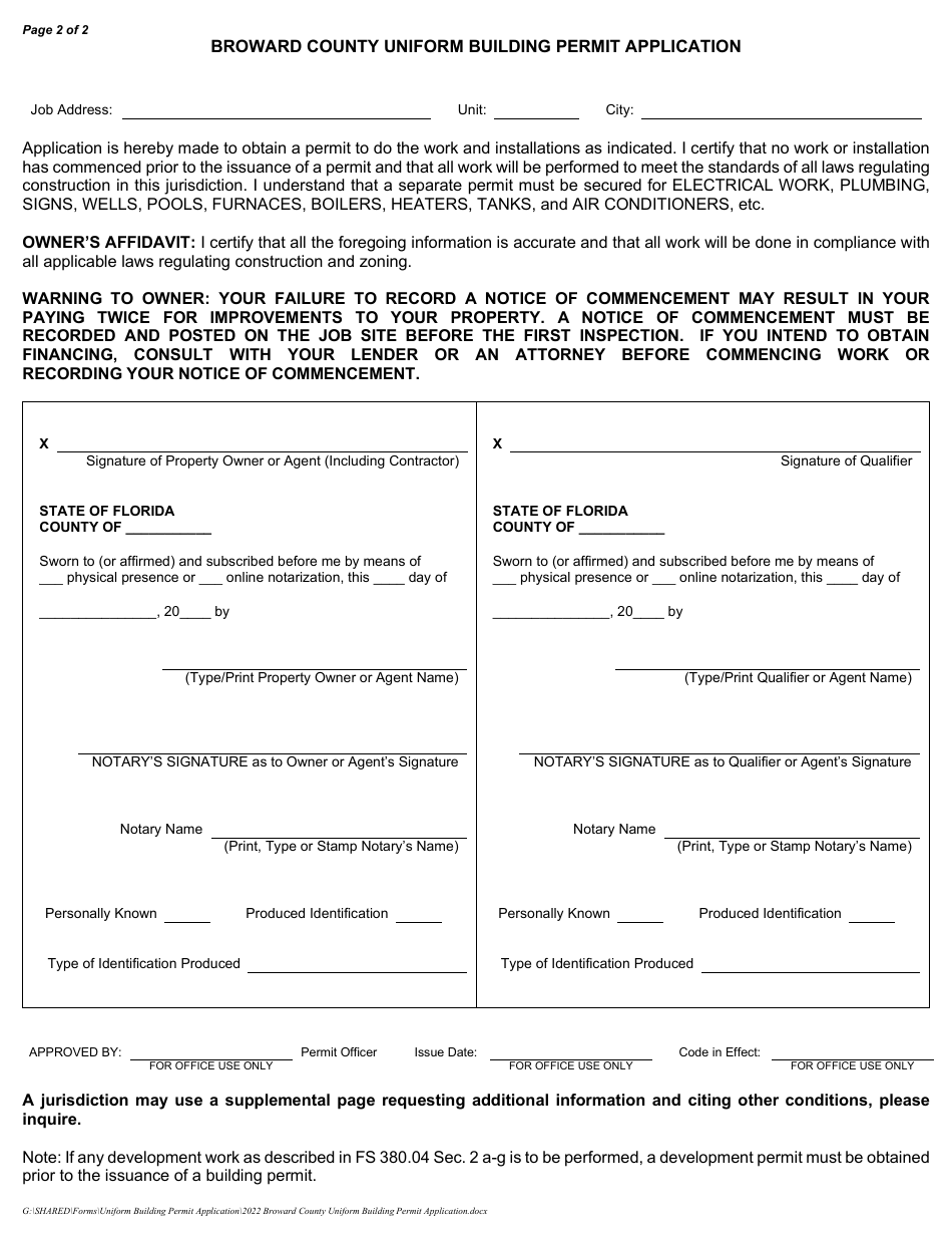 Broward County Florida Uniform Building Permit Application Fill Out Sign Online And Download 3696