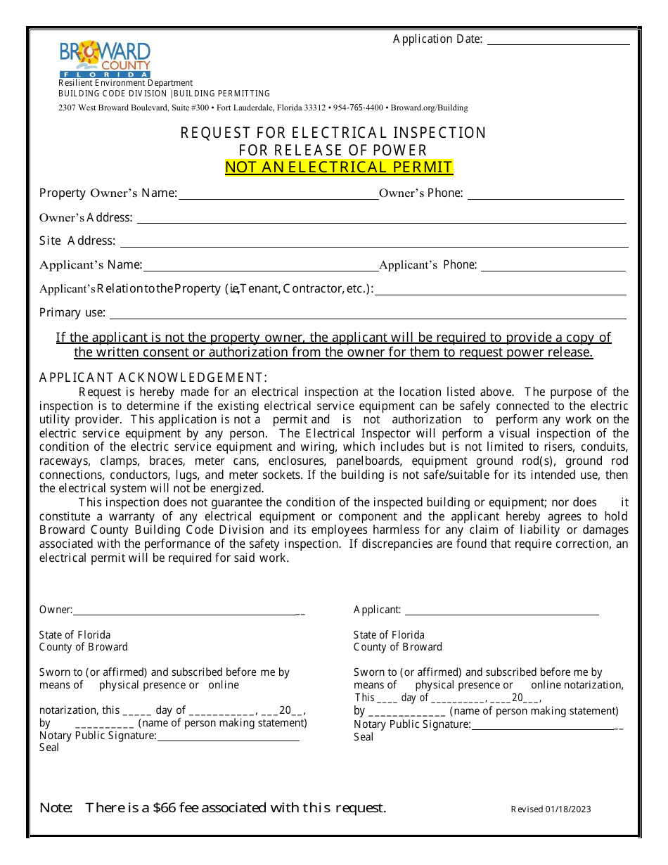 Request for Electrical Inspection for Release of Power - Broward County, Florida, Page 1