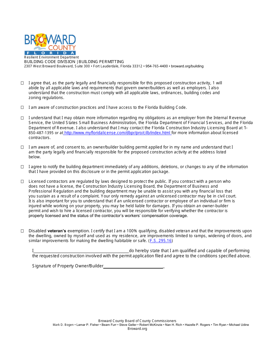 Owner-Builder Statement Affidavit - Broward County, Florida, Page 4