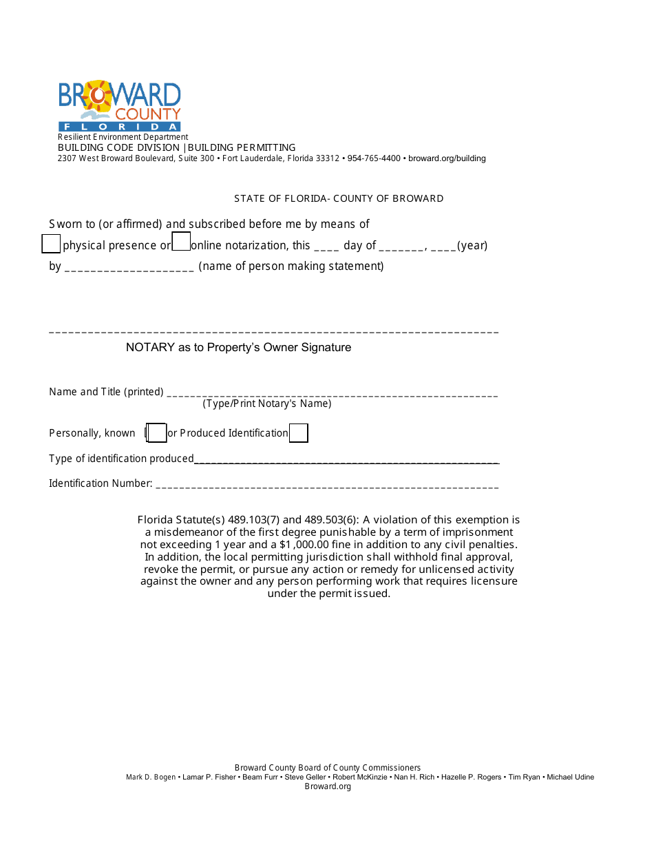 Owner-Builder Statement Affidavit - Broward County, Florida, Page 5