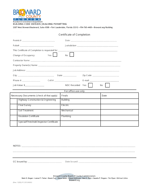 Certificate of Completion - Broward County, Florida Download Pdf