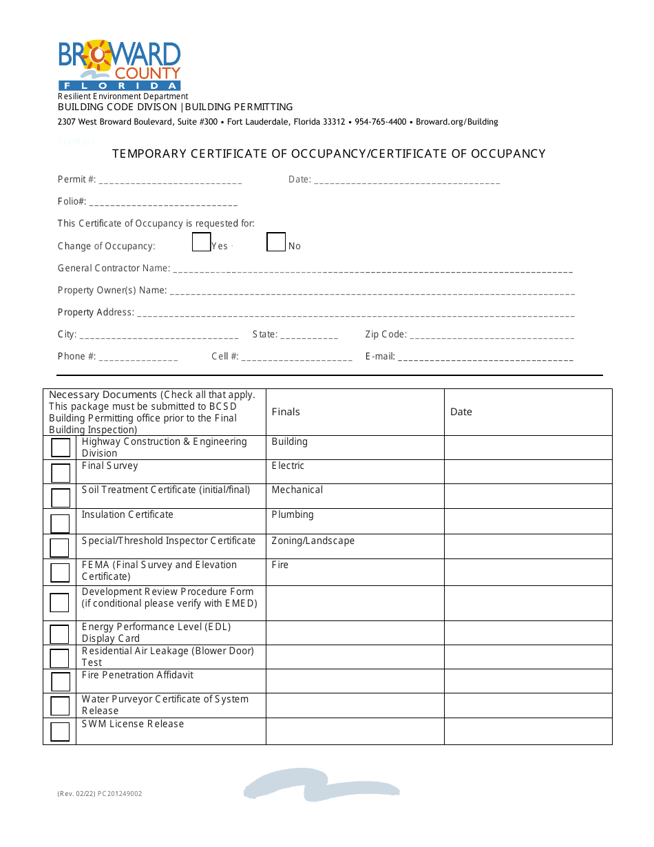 Temporary Certificate of Occupancy / Certificate of Occupancy - Broward County, Florida, Page 1