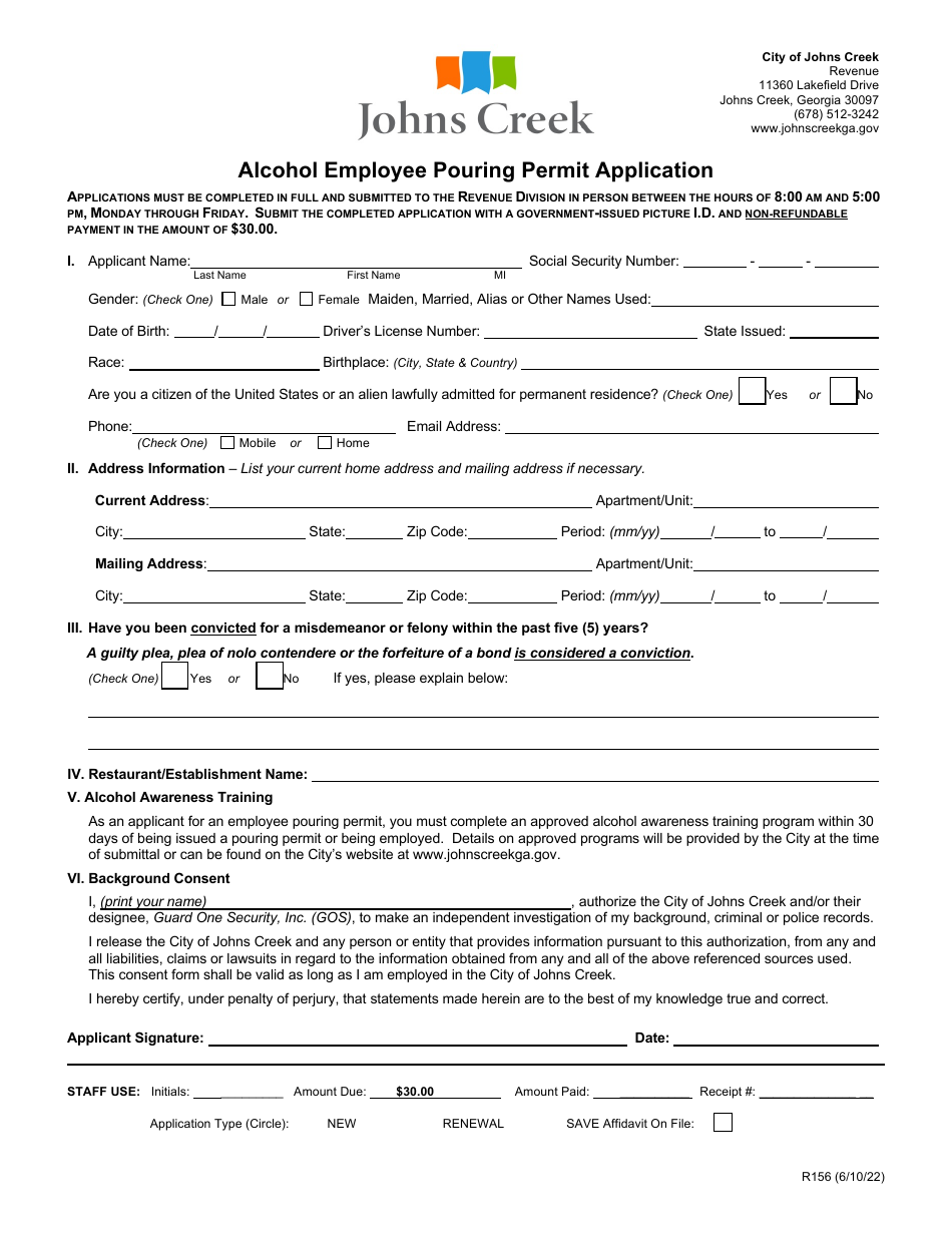 Form R156 Alcohol Employee Pouring Permit Application - City of Johns Creek, Georgia (United States), Page 1