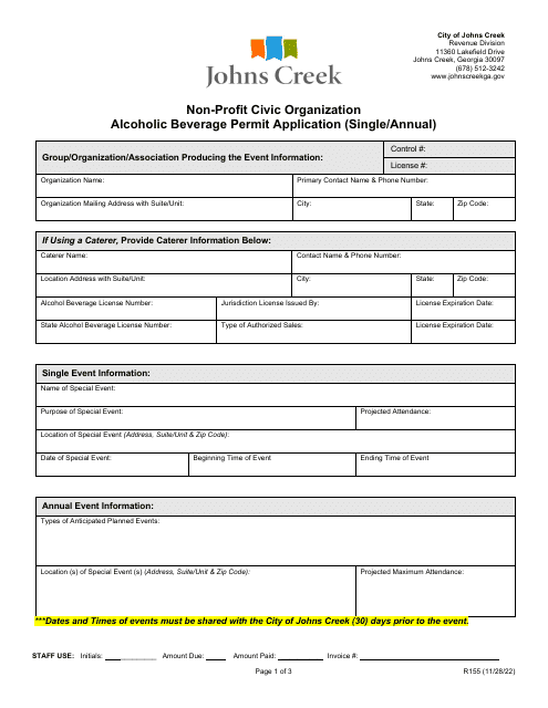 Form R155 Non-profit Civic Organization Alcoholic Beverage Permit Application (Single/Annual) - City of Johns Creek, Georgia (United States)