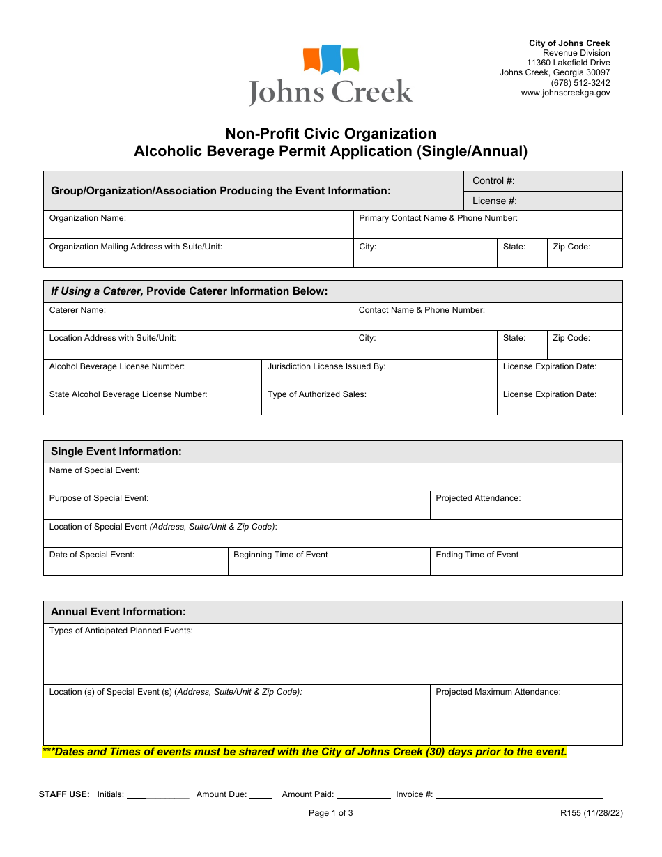 Form R155 Non-profit Civic Organization Alcoholic Beverage Permit Application (Single / Annual) - City of Johns Creek, Georgia (United States), Page 1