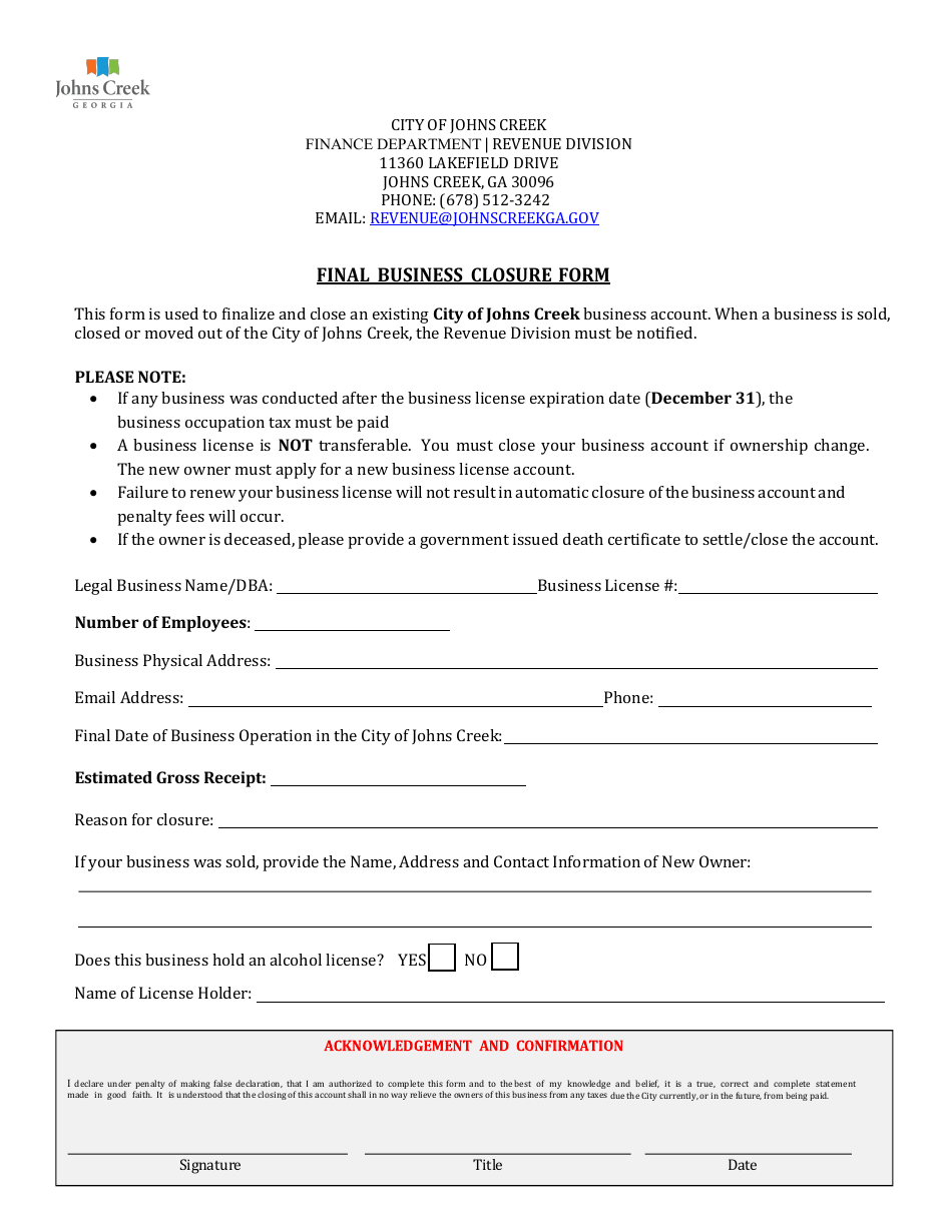 Final Business Closure Form - City of Johns Creek, Georgia (United States), Page 1