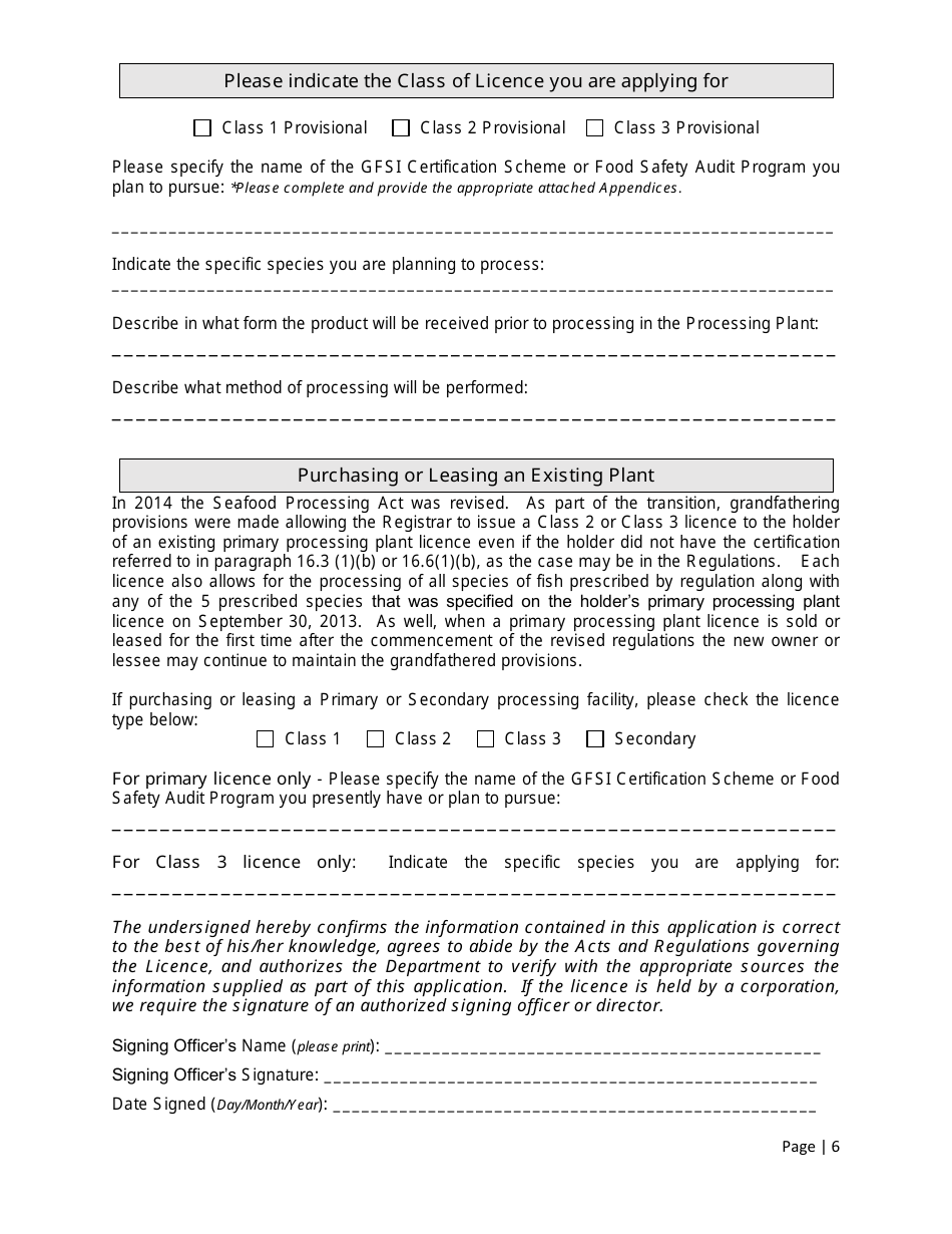 Primary Processing Licences / Secondary Processing Certificates / Fish Buying Licences Application - New Brunswick, Canada, Page 6