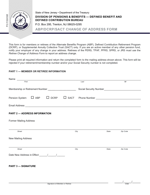 Form PC-1132 Abp/Dcrp/Sact Change of Address Form - New Jersey