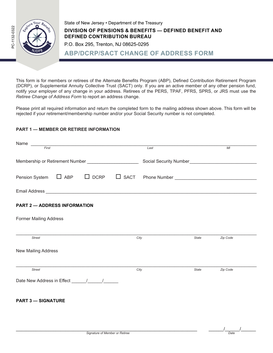 Form PC-1132 Abp / Dcrp / Sact Change of Address Form - New Jersey, Page 1