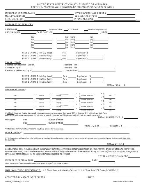 Certified / Professionally Qualified Interpreters Statement of Services - Nebraska Download Pdf