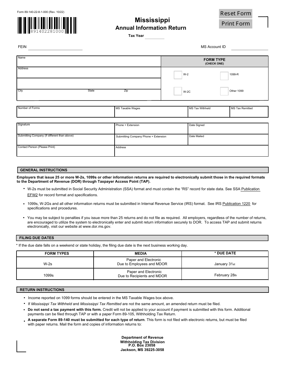 Form 89-140 Mississippi Annual Information Return - Mississippi, Page 1