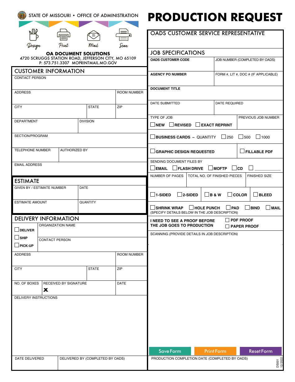 Form DS001 Production Request - Missouri, Page 1