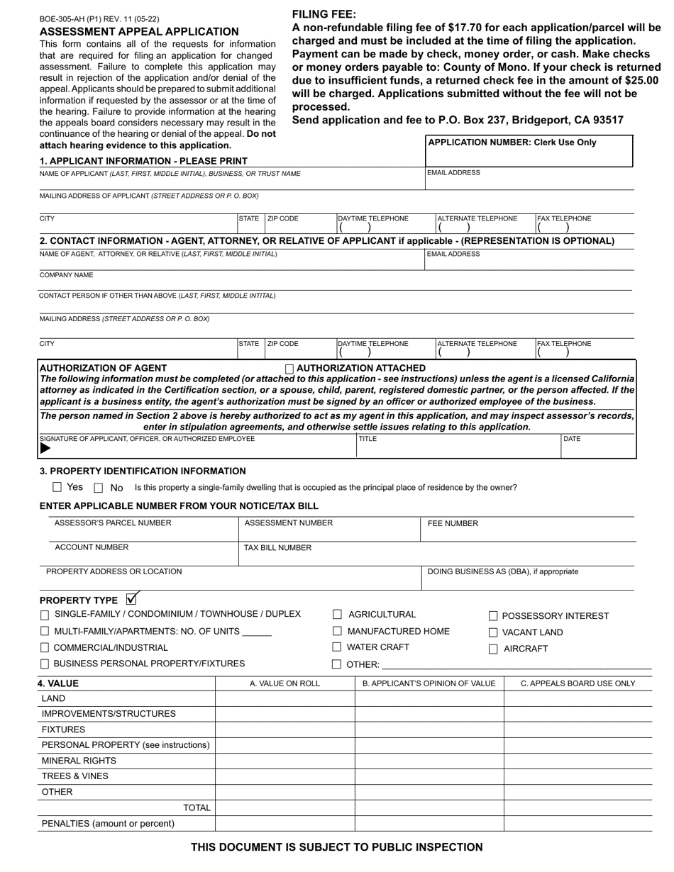 Form BOE-305-AH Assessment Appeal Application - Mono County, California, Page 1