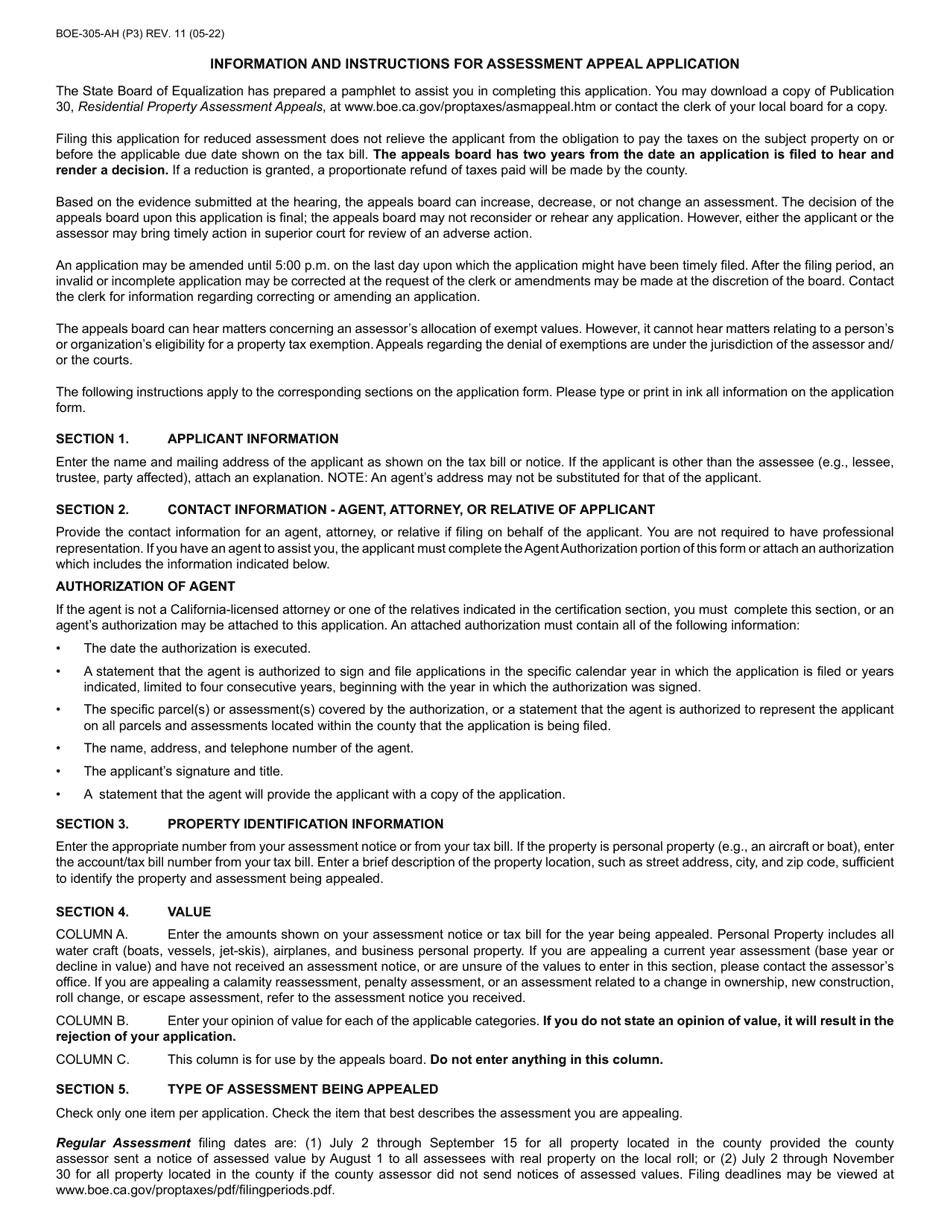 Form BOE-305-AH Assessment Appeal Application - Mono County, California, Page 3
