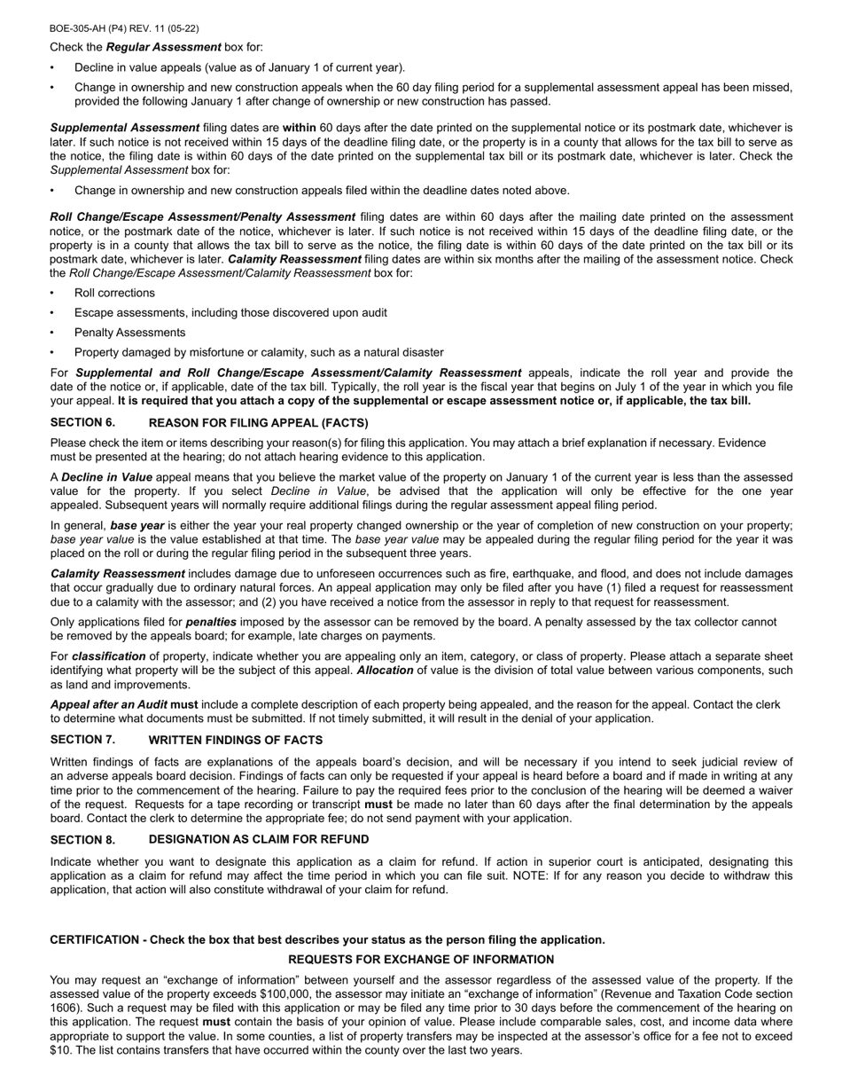 Form BOE-305-AH Assessment Appeal Application - Mono County, California, Page 4