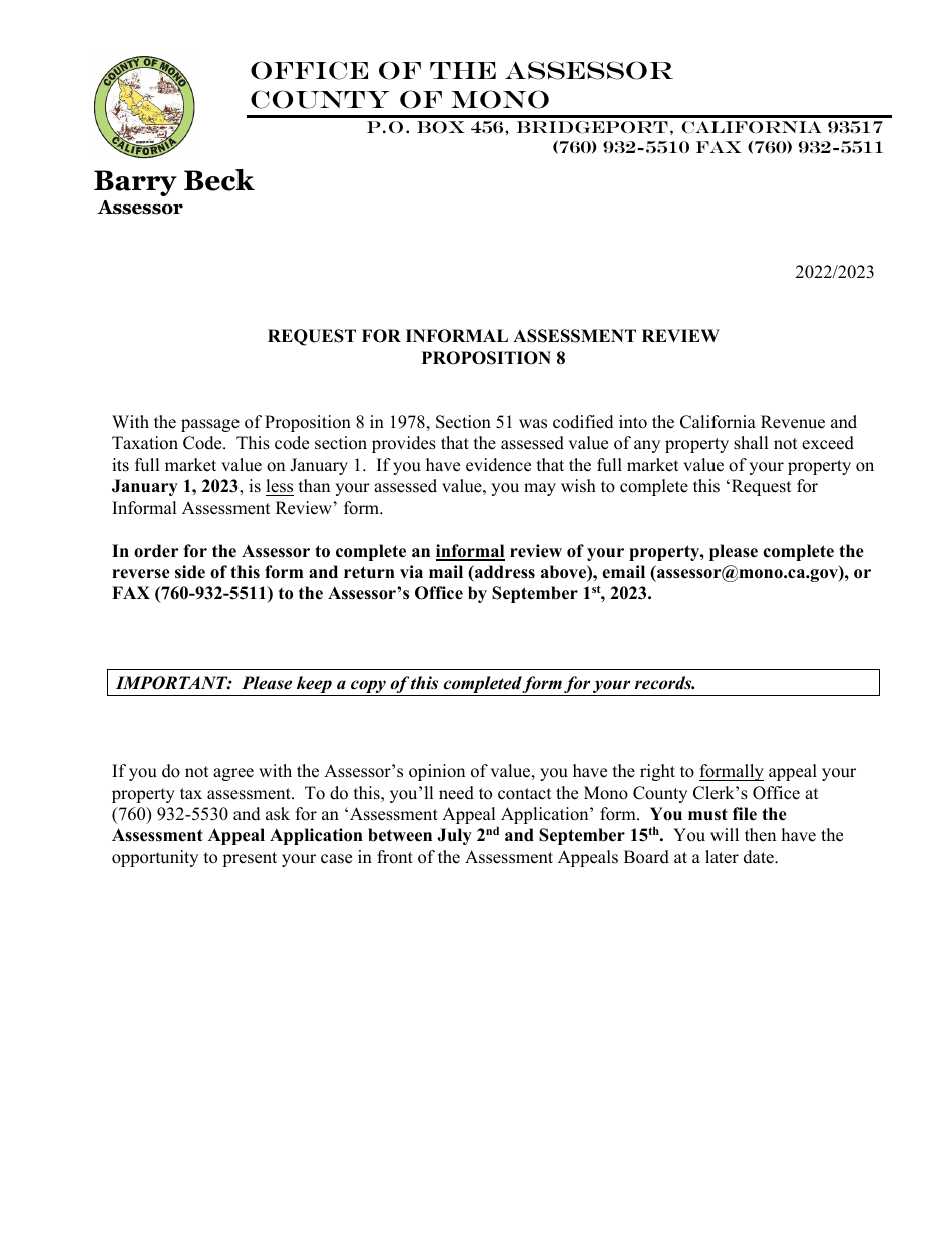 Request for Informal Assessment Review - Mono County, California, Page 1