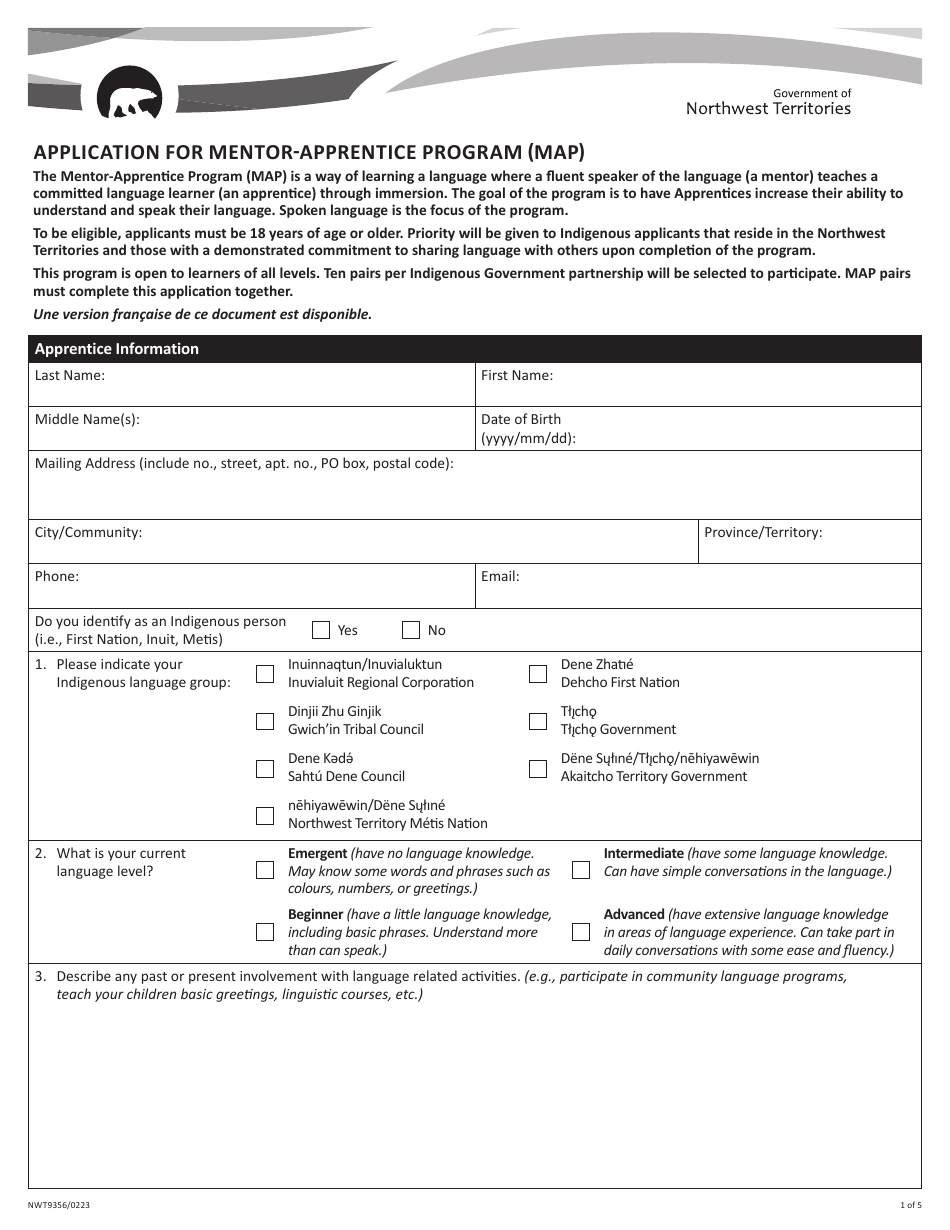 Form NWT9356 Application for Mentor-Apprentice Program (Map) - Northwest Territories, Canada, Page 1