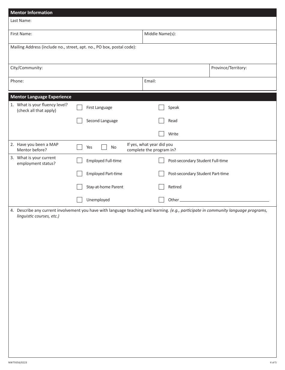 Form NWT9356 Application for Mentor-Apprentice Program (Map) - Northwest Territories, Canada, Page 4
