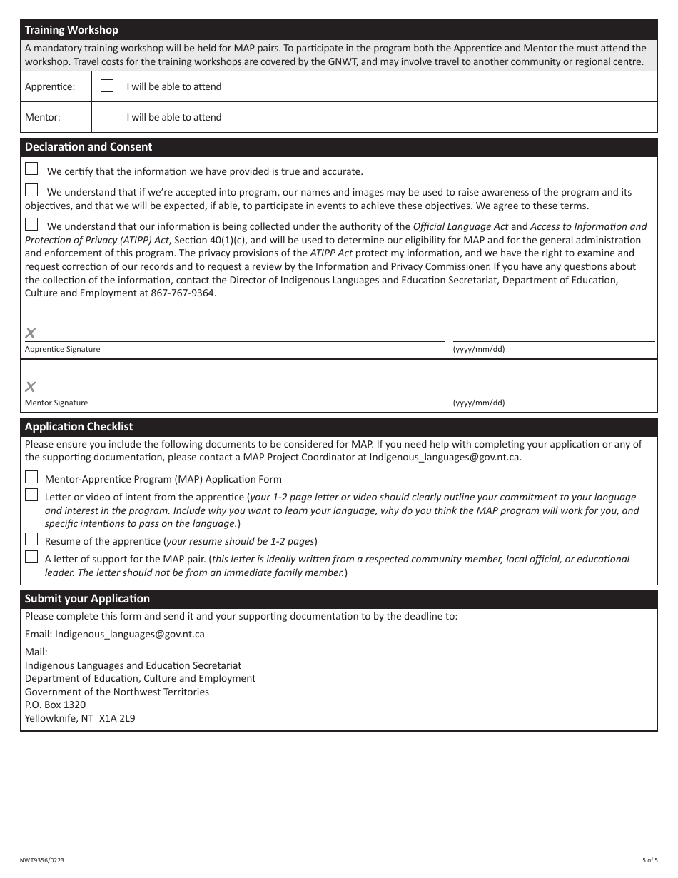 Form NWT9356 Application for Mentor-Apprentice Program (Map) - Northwest Territories, Canada, Page 5