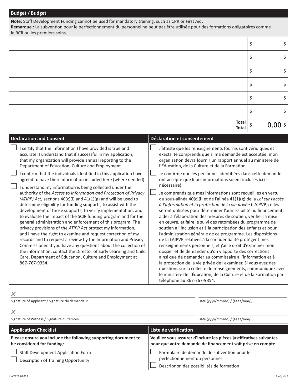 Form NWT9285 Application for Staff Development Grant - Northwest Territories, Canada (English / French), Page 2