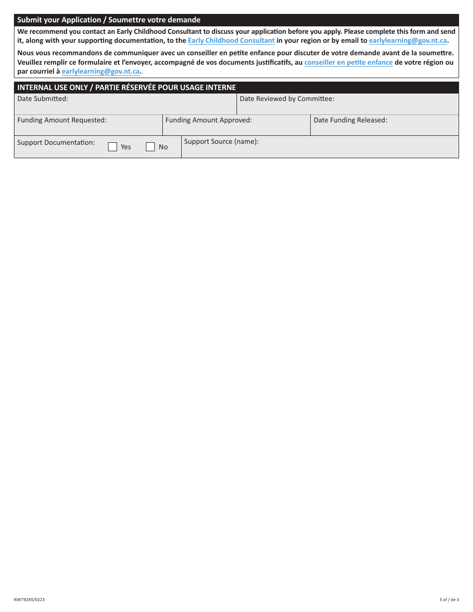 Form NWT9285 Application for Staff Development Grant - Northwest Territories, Canada (English / French), Page 3