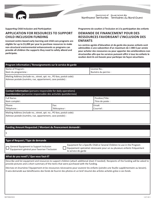 Form NWT9282 Application for Resources to Support Child Inclusion Funding - Northwest Territories, Canada (English/French)
