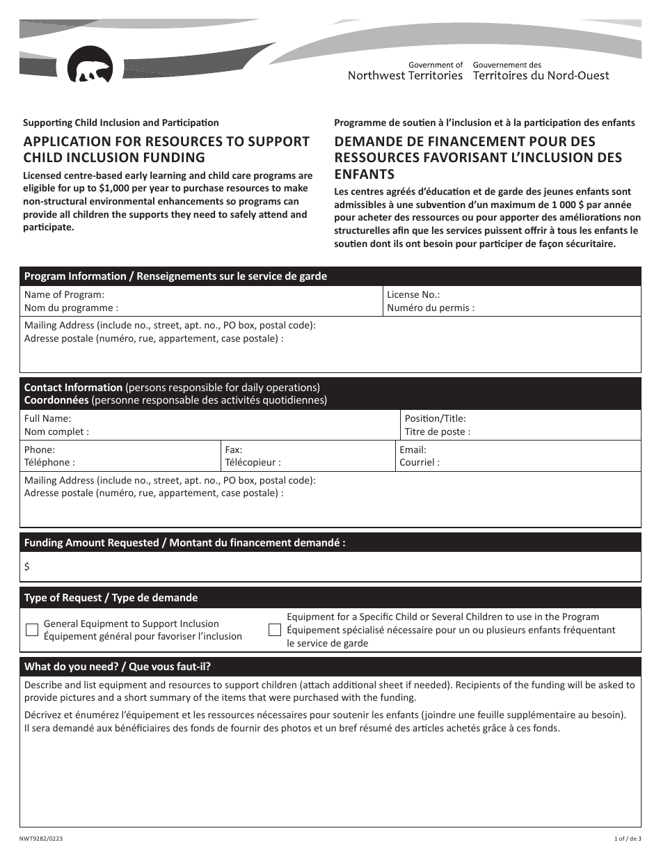 Form NWT9282 Application for Resources to Support Child Inclusion Funding - Northwest Territories, Canada (English / French), Page 1