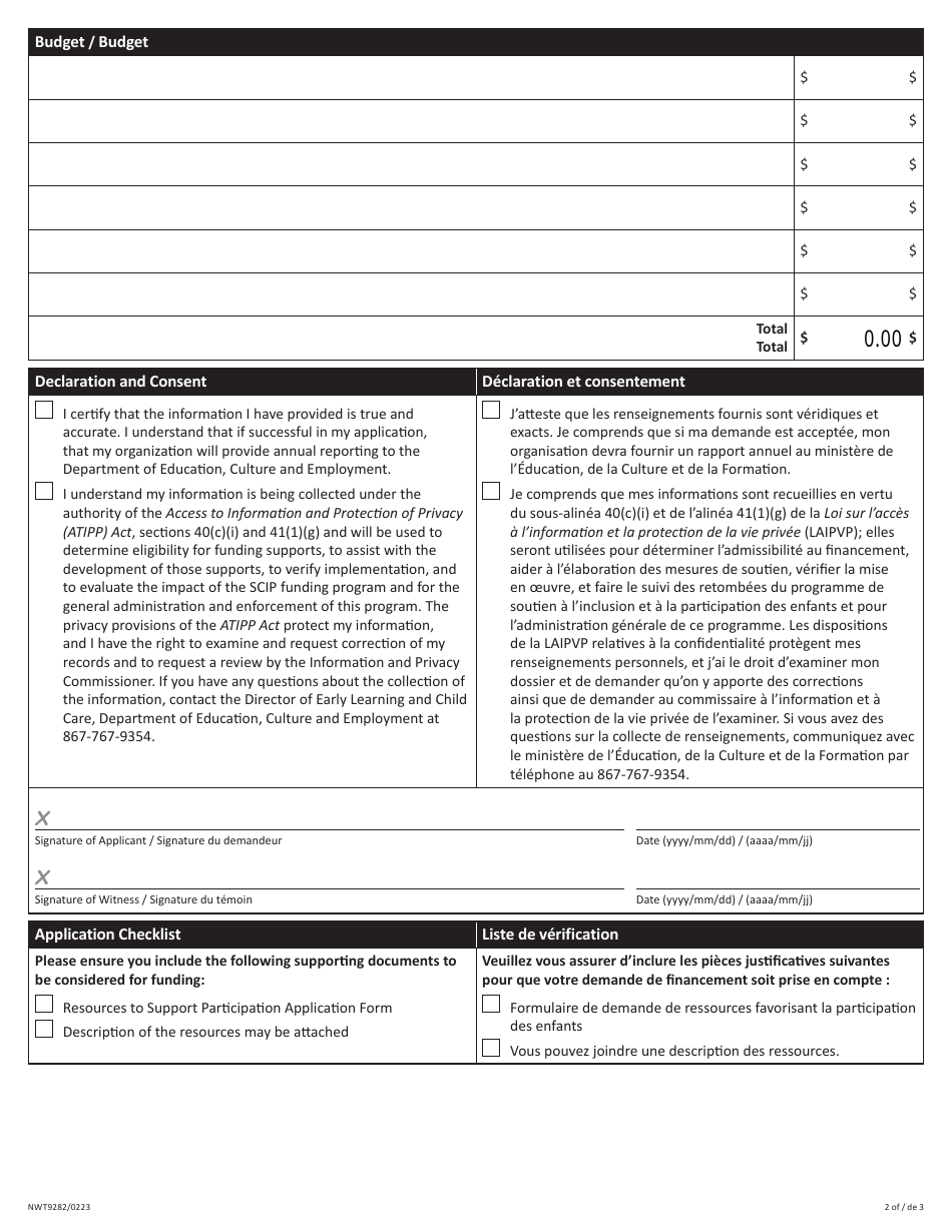 Form NWT9282 Application for Resources to Support Child Inclusion Funding - Northwest Territories, Canada (English / French), Page 2