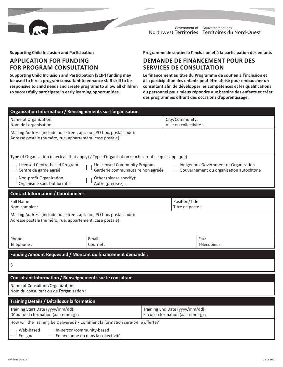 Form NWT9281 Application for Funding for Program Consultation - Northwest Territories, Canada (English / French), Page 1