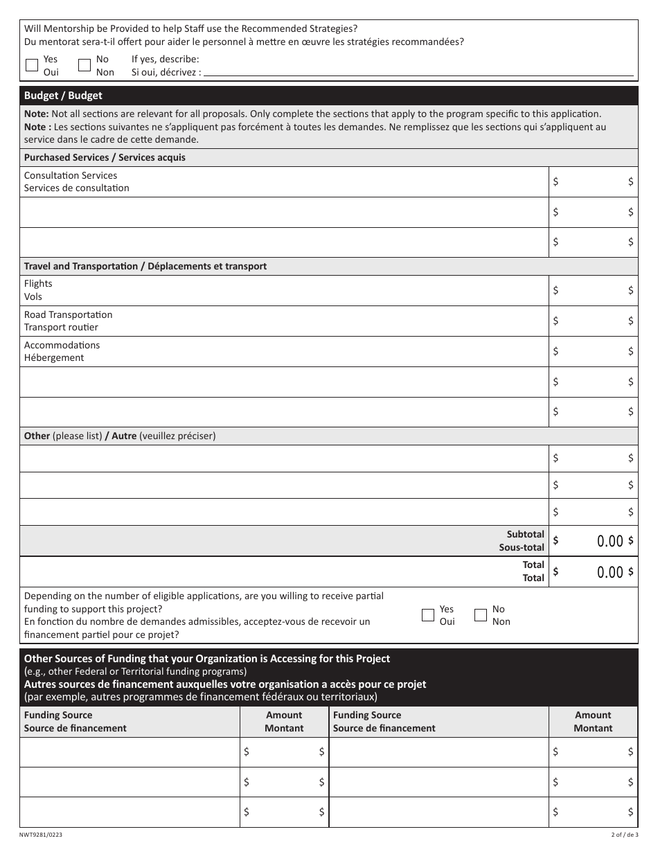 Form NWT9281 Application for Funding for Program Consultation - Northwest Territories, Canada (English / French), Page 2