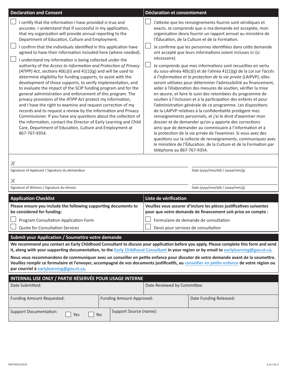 Form NWT9281 Application for Funding for Program Consultation - Northwest Territories, Canada (English / French), Page 3