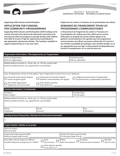 Form NWT9280 Application for Funding for Community Programming - Northwest Territories, Canada (English/French)