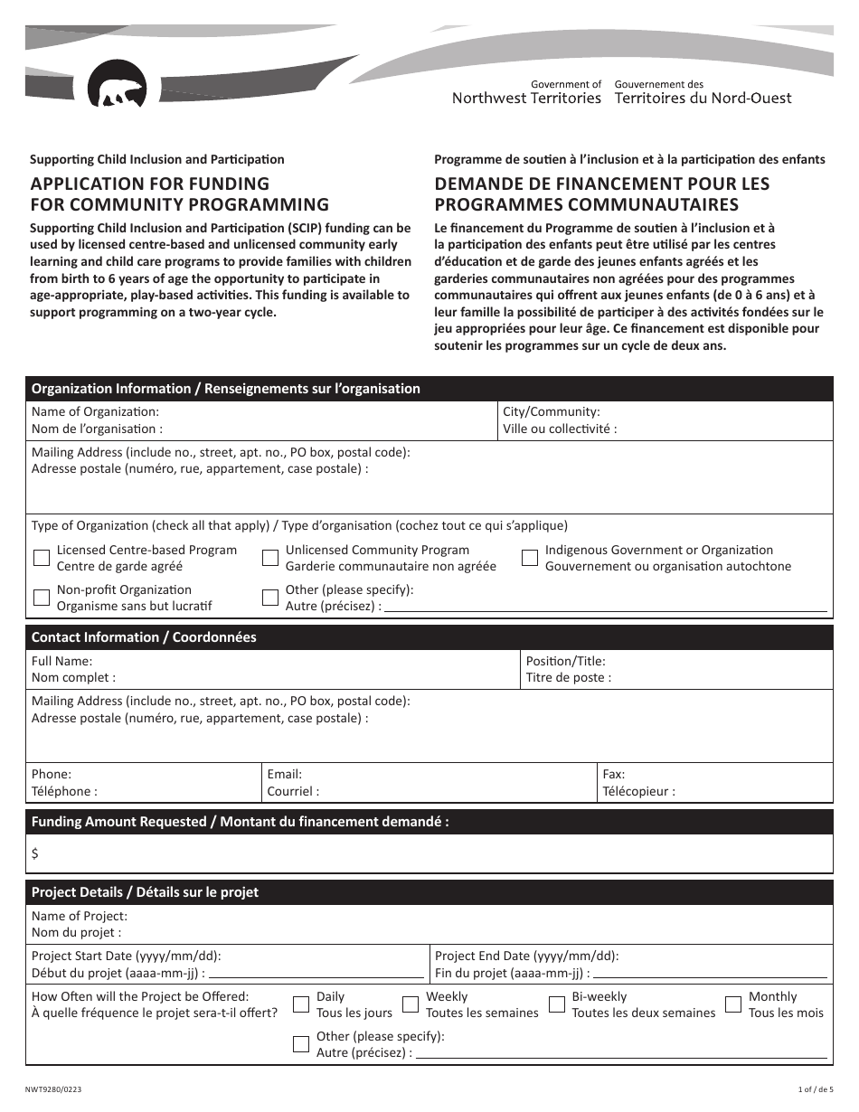 Form NWT9280 Application for Funding for Community Programming - Northwest Territories, Canada (English / French), Page 1