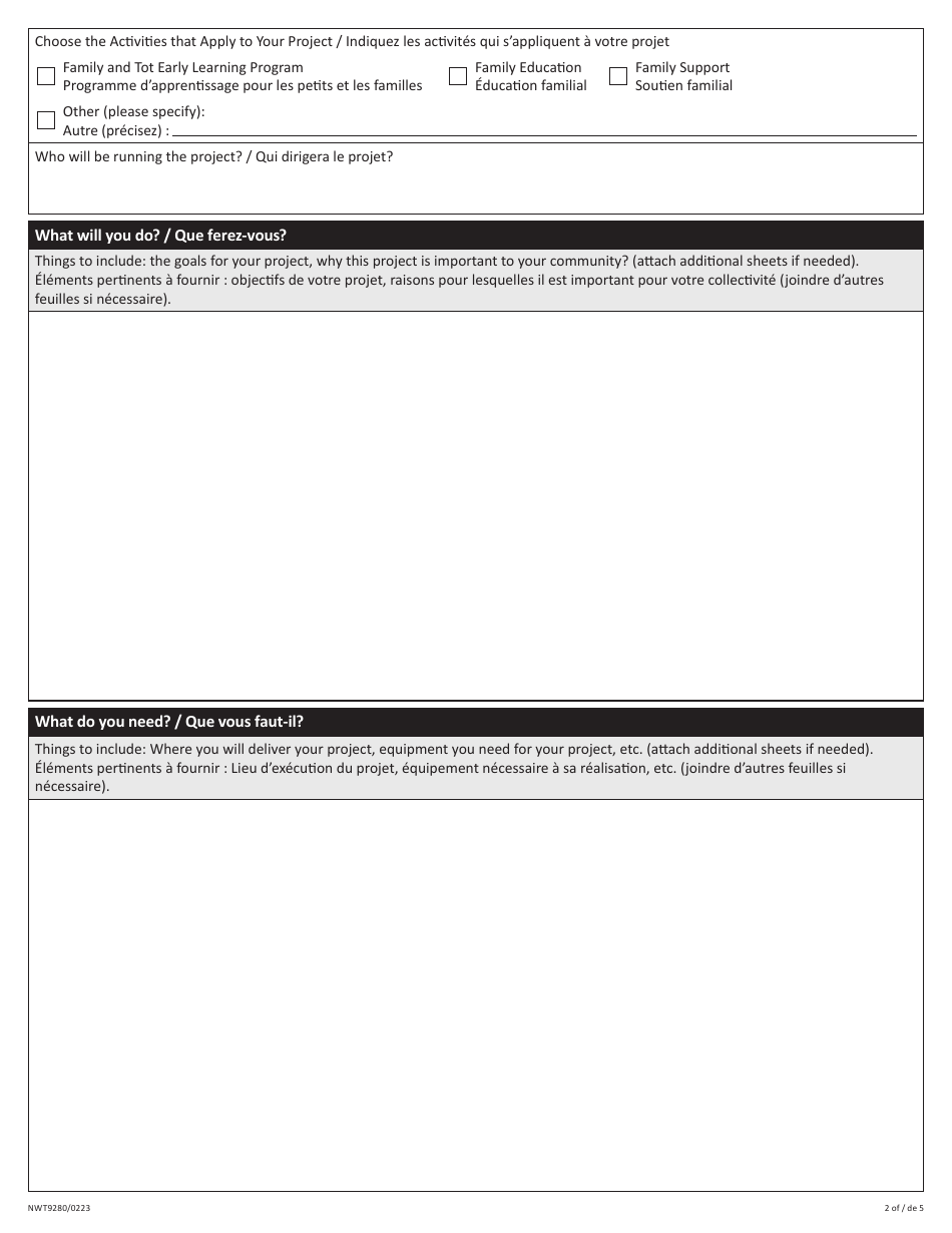 Form NWT9280 Application for Funding for Community Programming - Northwest Territories, Canada (English / French), Page 2