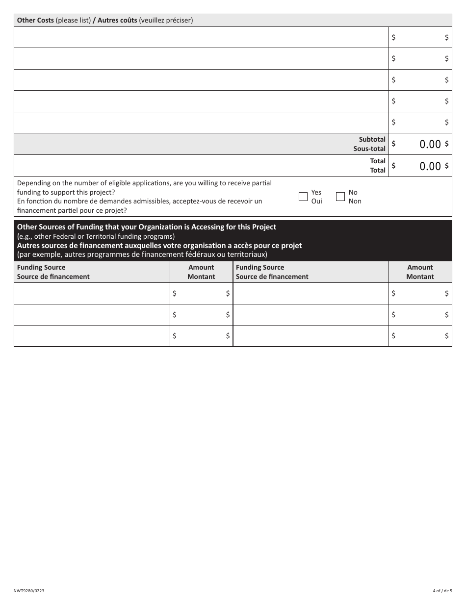 Form NWT9280 Application for Funding for Community Programming - Northwest Territories, Canada (English / French), Page 4