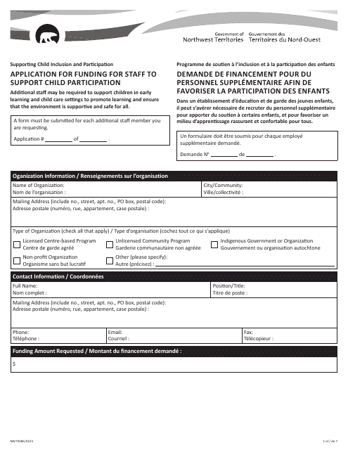 Form NWT9286 Application for Funding for Staff to Support Child Participation - Northwest Territories, Canada (English/French)