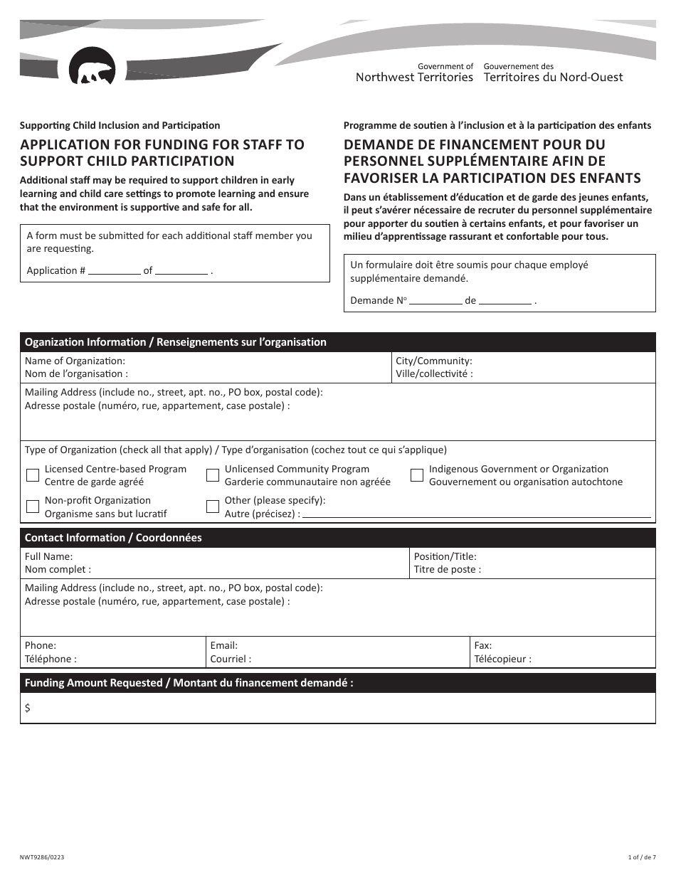 Form NWT9286 Application for Funding for Staff to Support Child Participation - Northwest Territories, Canada (English / French), Page 1