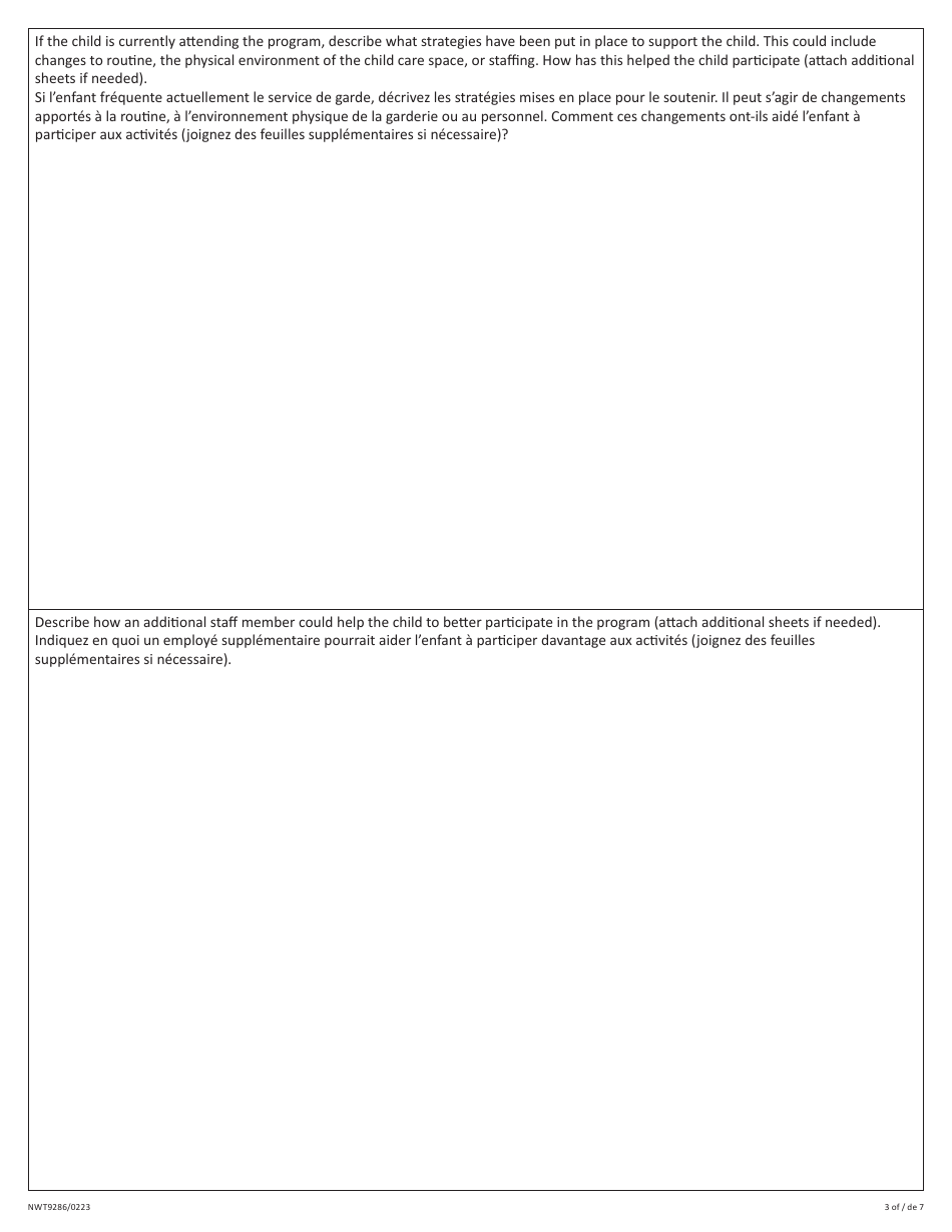 Form NWT9286 Application for Funding for Staff to Support Child Participation - Northwest Territories, Canada (English / French), Page 3