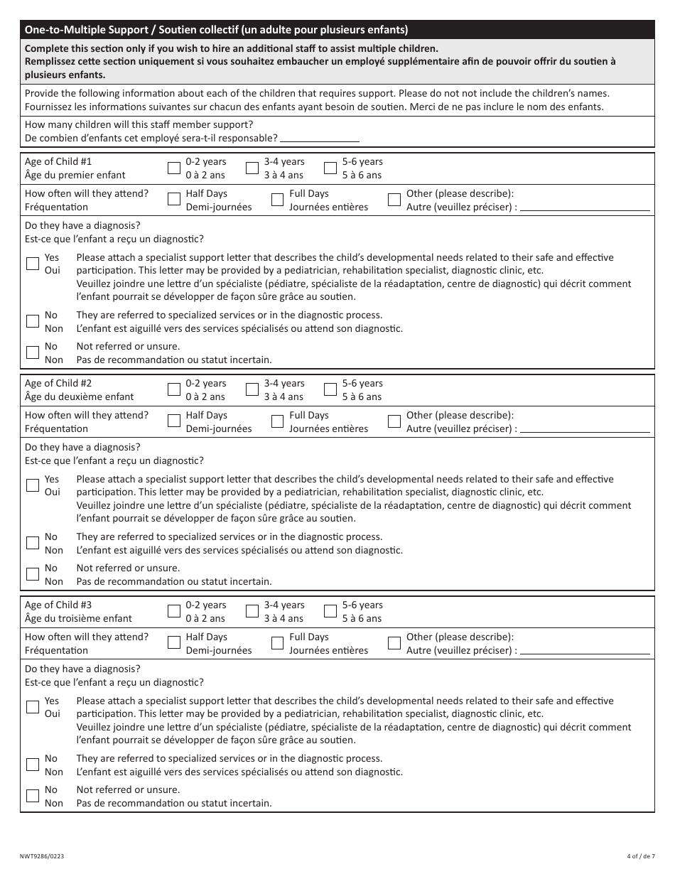 Form NWT9286 Application for Funding for Staff to Support Child Participation - Northwest Territories, Canada (English / French), Page 4