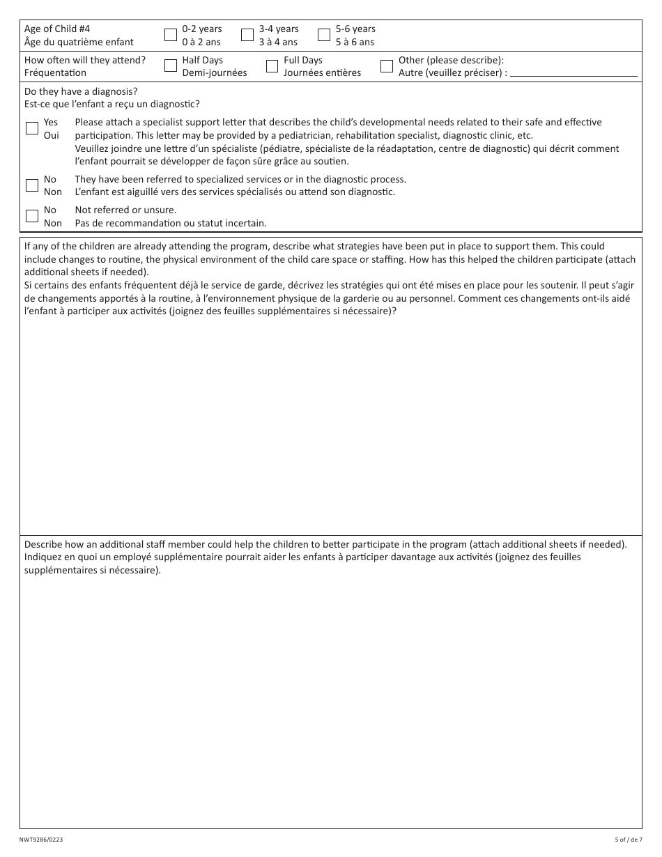 Form NWT9286 Application for Funding for Staff to Support Child Participation - Northwest Territories, Canada (English / French), Page 5
