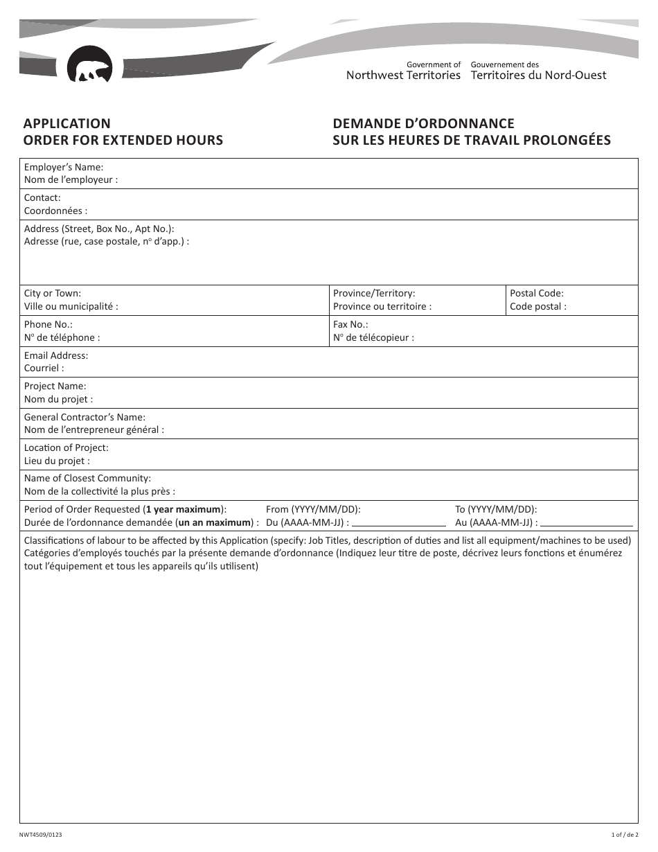 Form NWT4509 Application Order for Extended Hours - Northwest Territories, Canada (English / French), Page 1