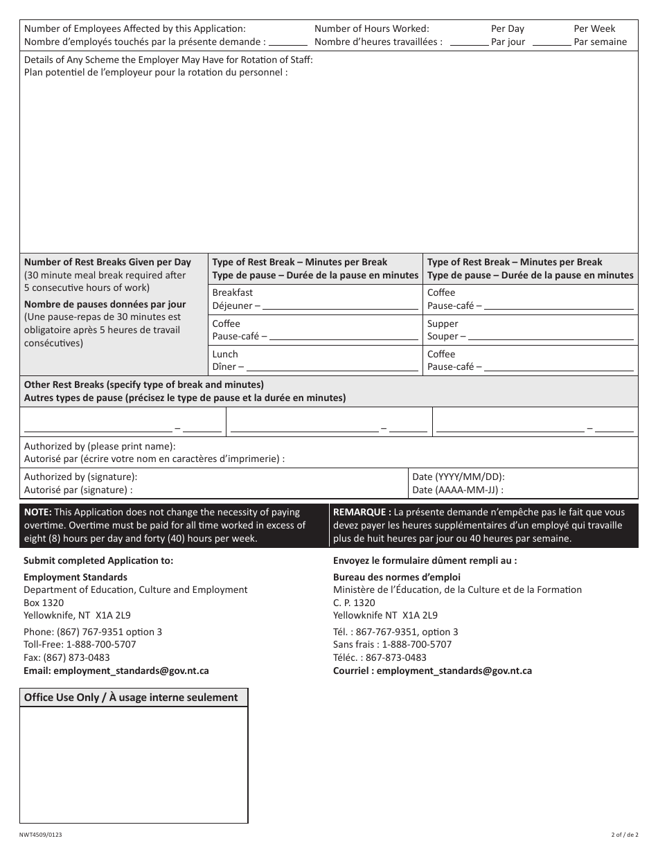 Form NWT4509 Application Order for Extended Hours - Northwest Territories, Canada (English / French), Page 2