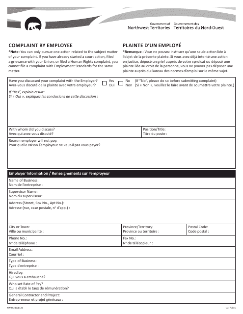 Form NWT5236 Complaint by Employee - Northwest Territories, Canada (English/French)