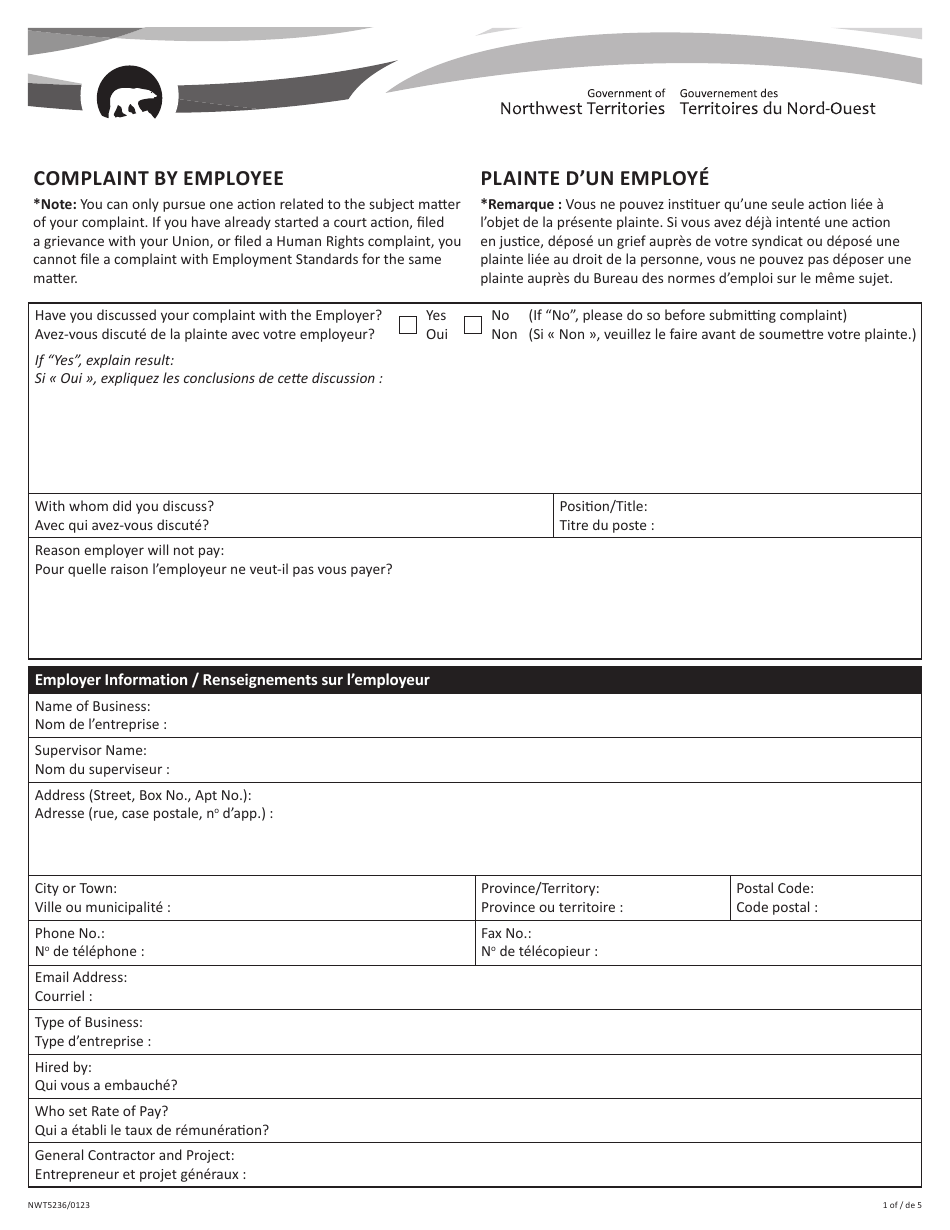 Form NWT5236 Complaint by Employee - Northwest Territories, Canada (English / French), Page 1