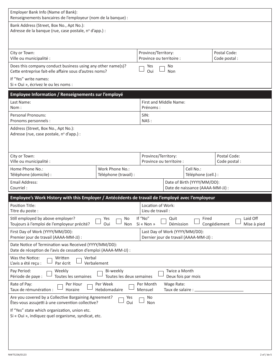 Form NWT5236 Complaint by Employee - Northwest Territories, Canada (English / French), Page 2